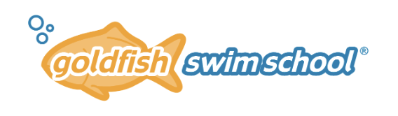 Logo for Goldfish Swim School with the word 'goldfish' in an orange fish shape and 'swim school' in blue text.