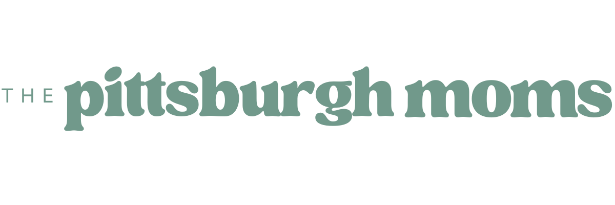 Logo of 'The Pittsburgh Moms' with stylized text in shades of green.