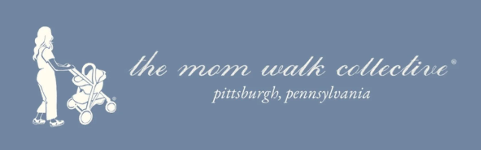 Logo for the mom walk collective in Pittsburgh, Pennsylvania, showing a woman pushing a stroller.