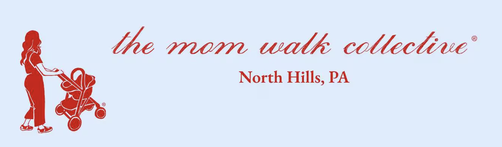 Logo for the mom walk collective in North Hills, PA, featuring a silhouette of a woman pushing a stroller.