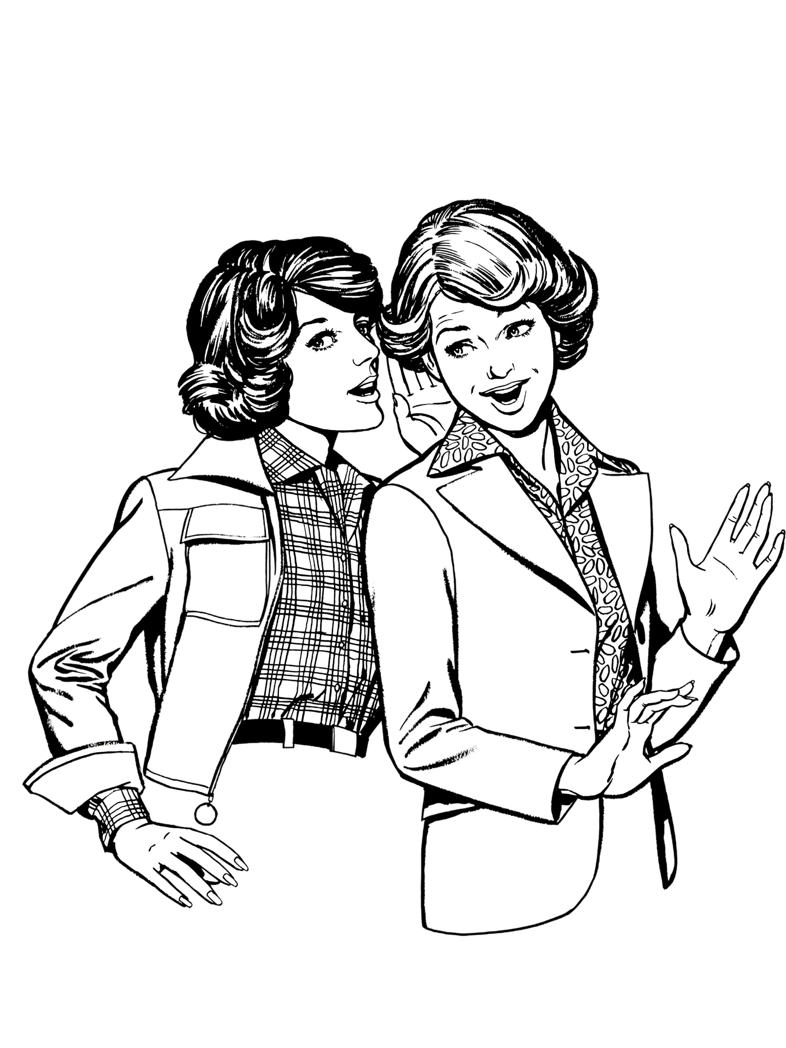 Black and white illustration of two women with wavy hair, dressed in 1970s style clothing, one is smiling and waving, the other has her hand on her hip, set against a black background.