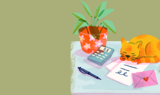 A potted plant, a calculator, a pen, a letter with a heart sticker, an open book with handwritten notes, and an orange cat sleeping on the open book in a cozy setting.