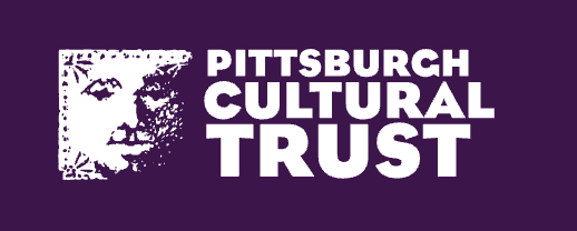 Pittsburgh Cultural Trust logo with a stylized face in black and white on a purple background.