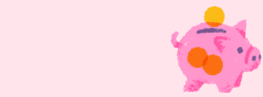 A pixelated pink piggy bank with orange and yellow coins on a light pink background.