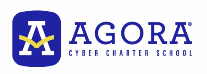 Logo of Agora Cyber Charter School featuring a stylized letter 'A' with a checkmark, and the school name and description.
