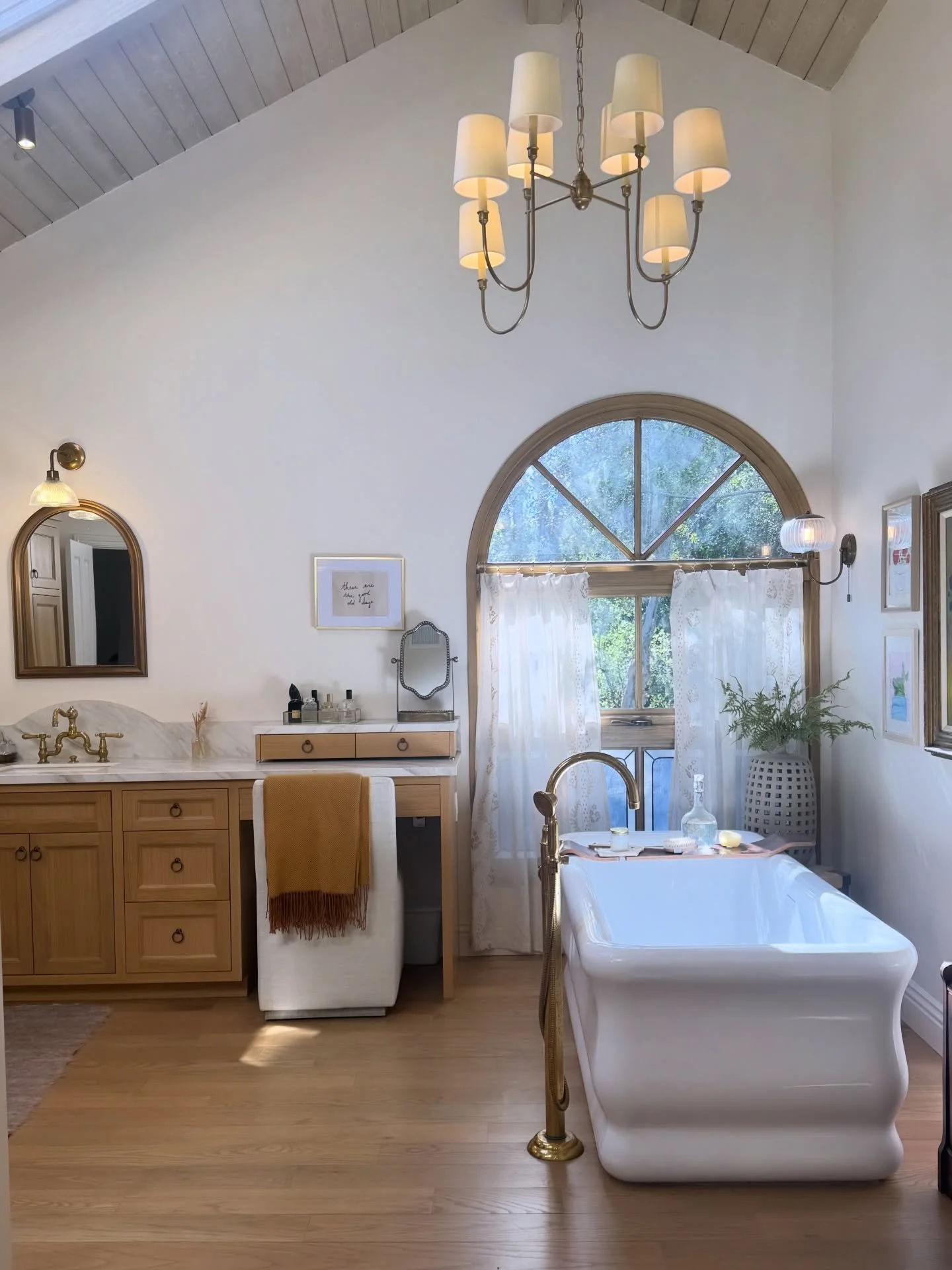 Views from the shower + before &amp; after. Primary bath renovation taking this dated, multi-room space to a more functional and beautiful place. 
Besides the space plan needing to change we added custom cabinets, separated the shower and created a p