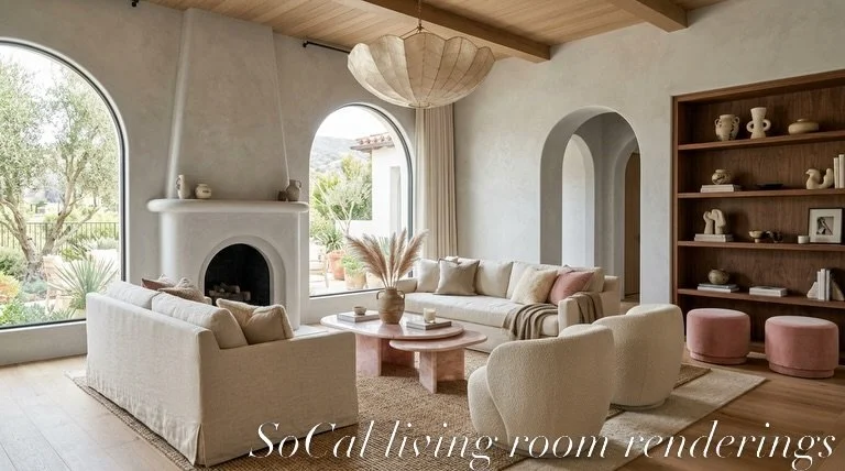 6 Southern California living room concepts with creamy linen, walnut, natural stone, woven rugs, boucl&eacute;, sculptural lighting, shell pink, and moonstone grey.

Which is your favorite?