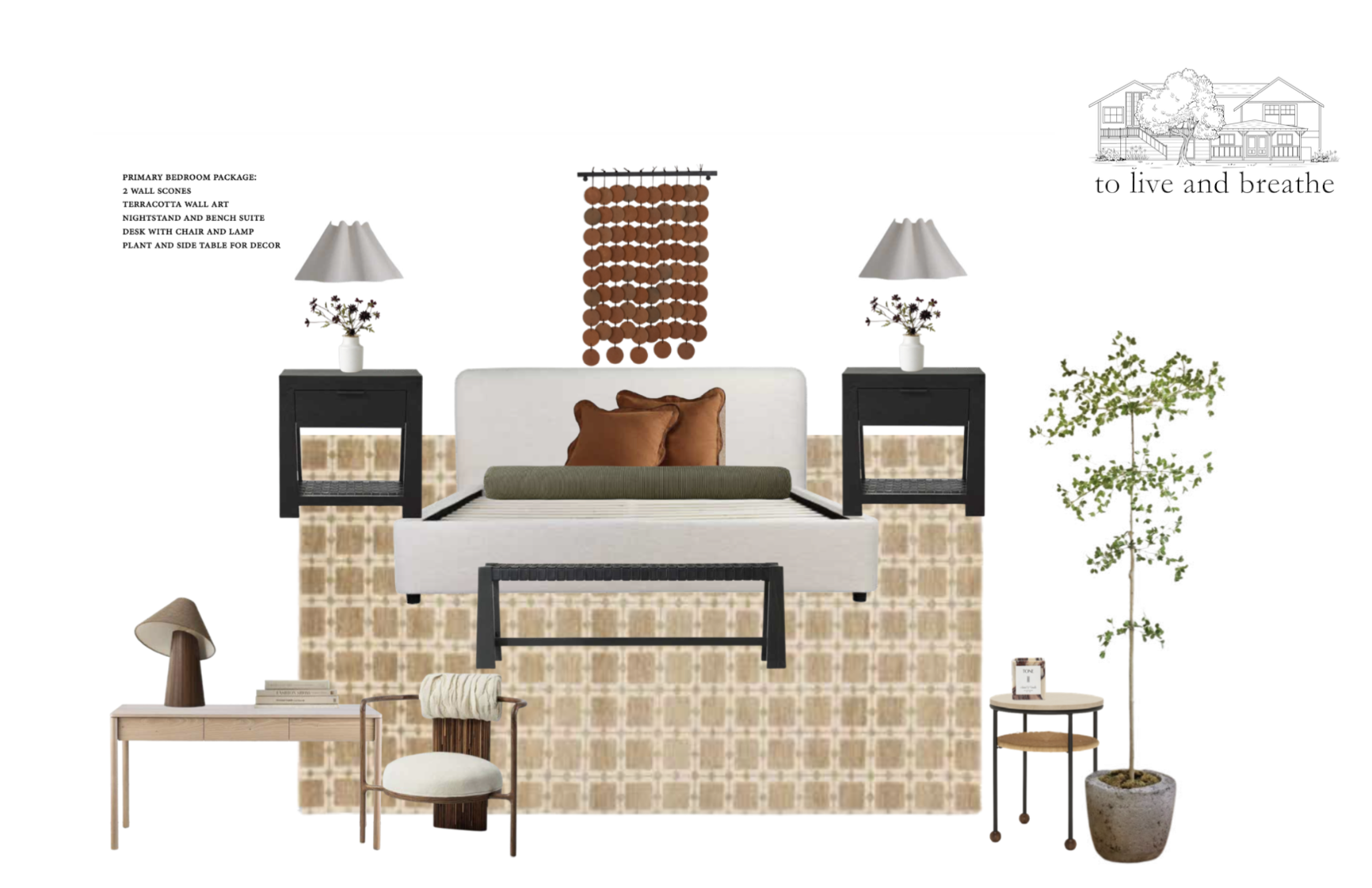 bedroom design with rug, nightstands and lighting