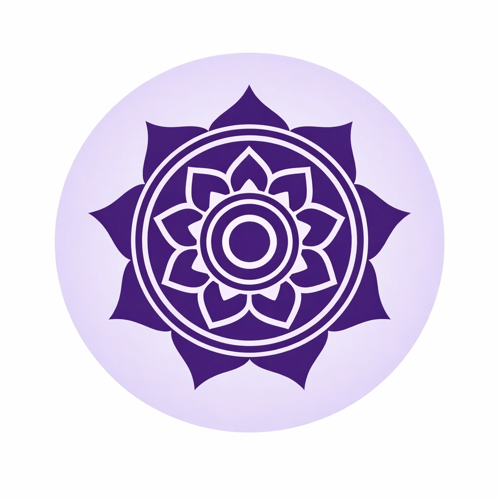A purple mandala design with white outlines, consisting of concentric circles and a floral pattern, centered on a light purple background.