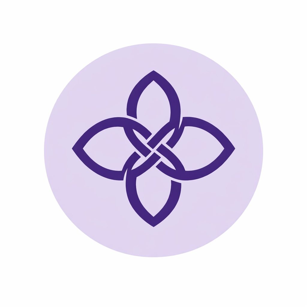A purple Celtic knot symbol on a light purple circular background.