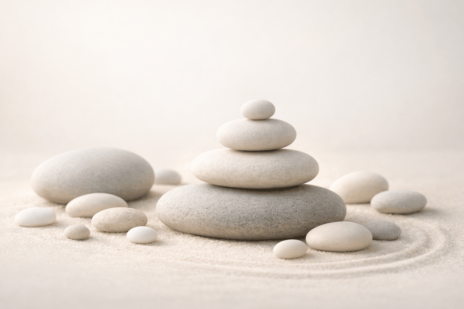 Stacked white and gray stones on sandy surface with additional scattered stones