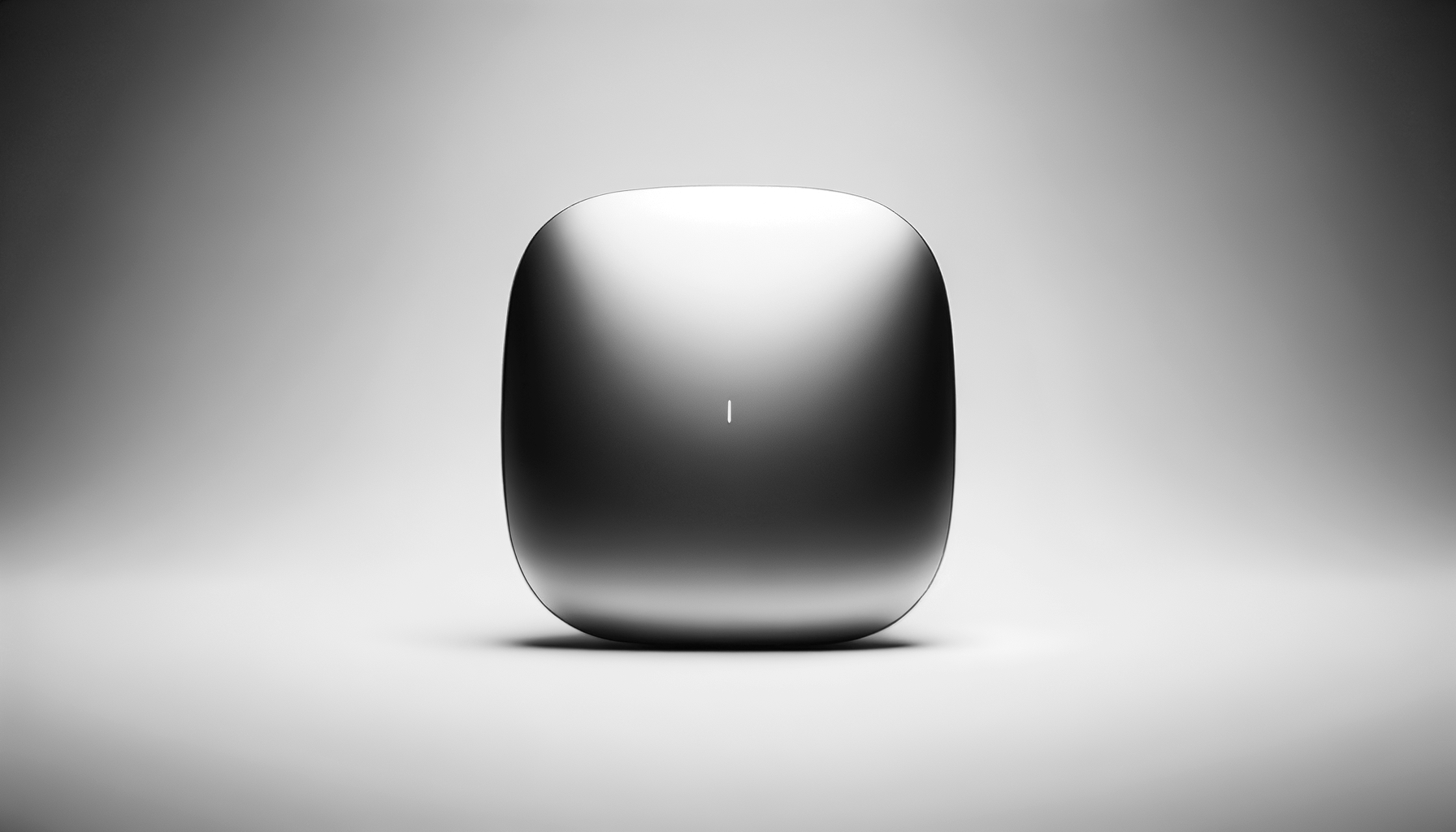 A sleek, silver, rounded square-shaped device with a small vertical indicator light in the center, set against a gradient gray background.