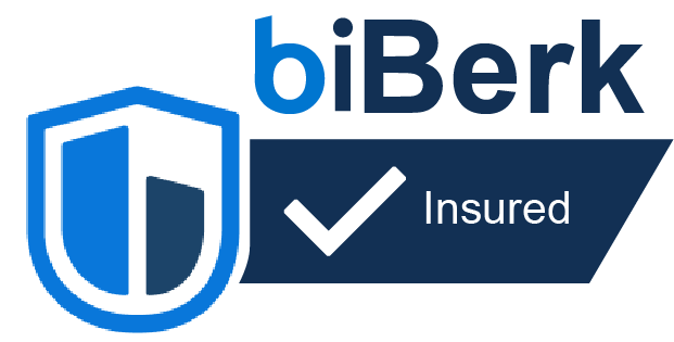 Logo for biBerk insurance with a shield icon and a checkmark, indicating insured status.