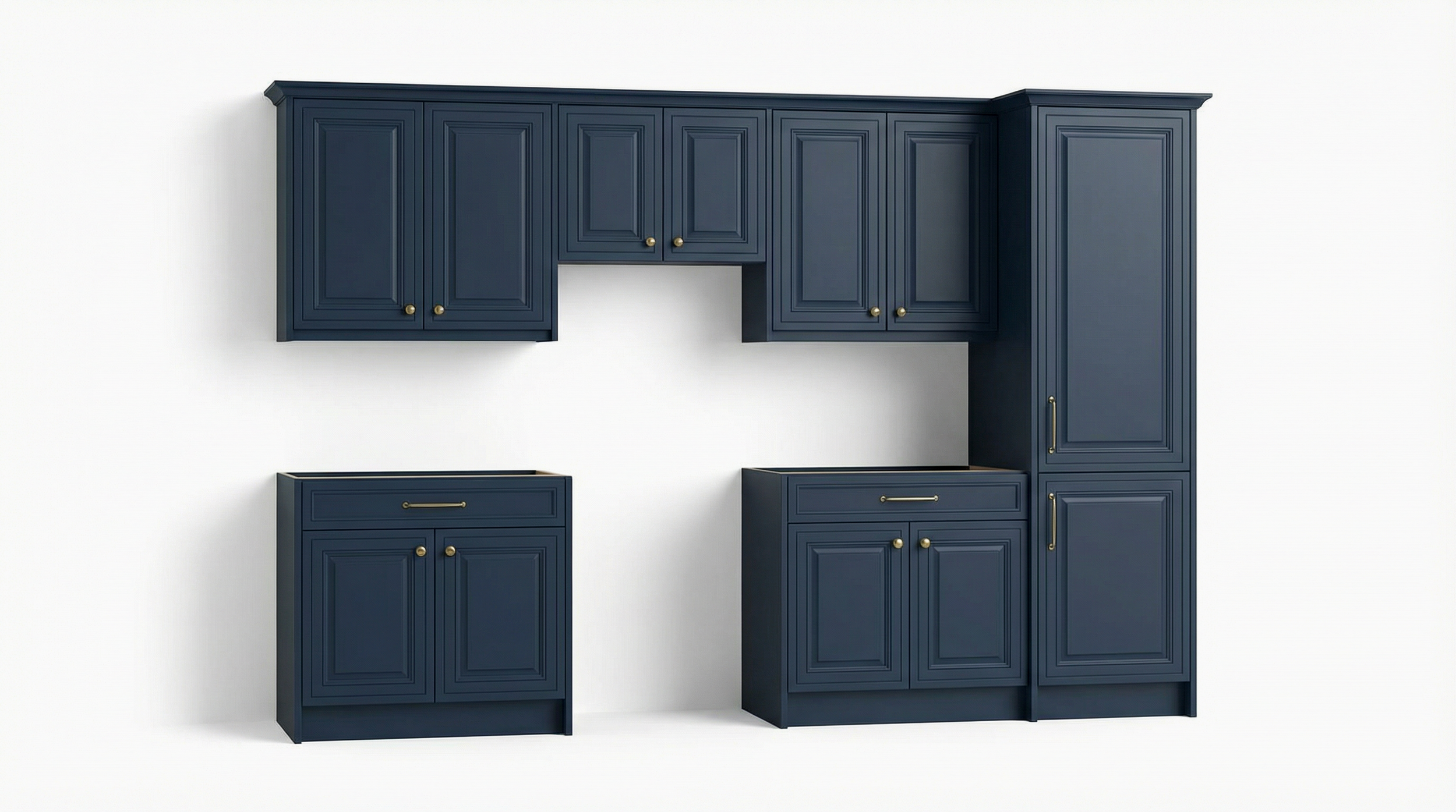 Blue kitchen cabinets with gold knobs and handles installed on a white wall.