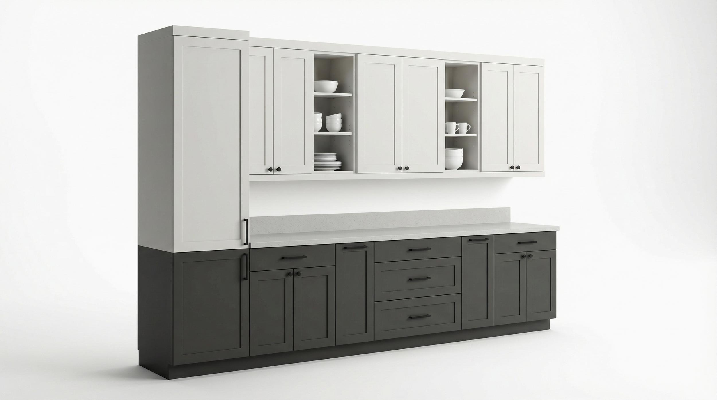 Two-tone kitchen cabinets with upper white shelves and lower dark gray drawers, a countertop in the middle, and a simple white background.