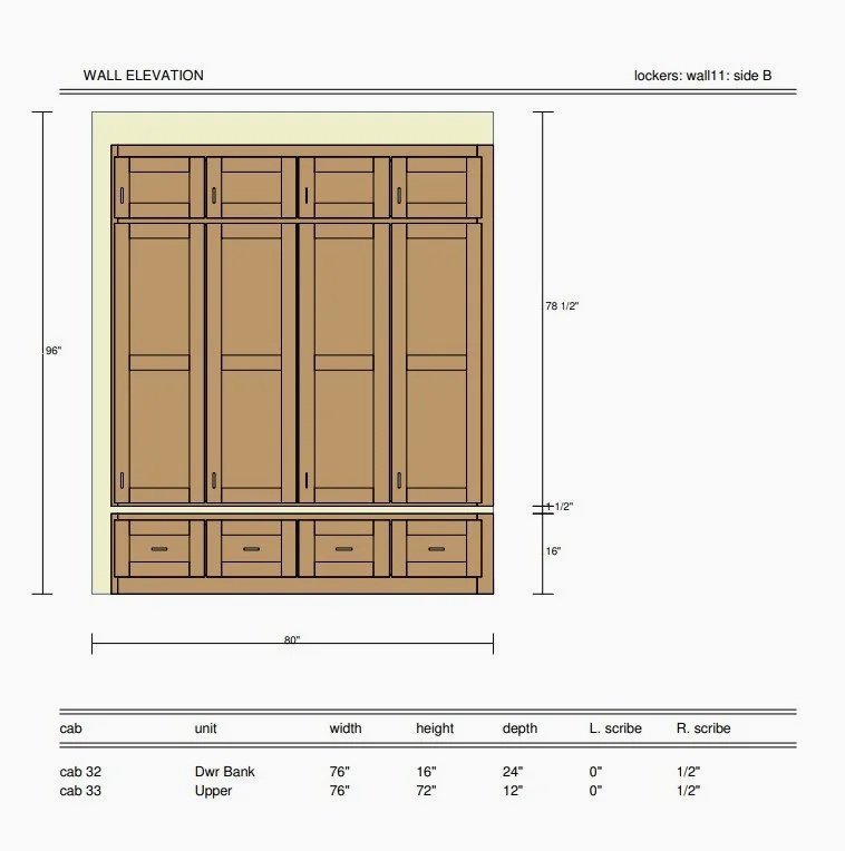 Drawing of a built-in wooden wardrobe with upper cabinets and lower drawers, with dimensions and labels for wall elevation and locker units.