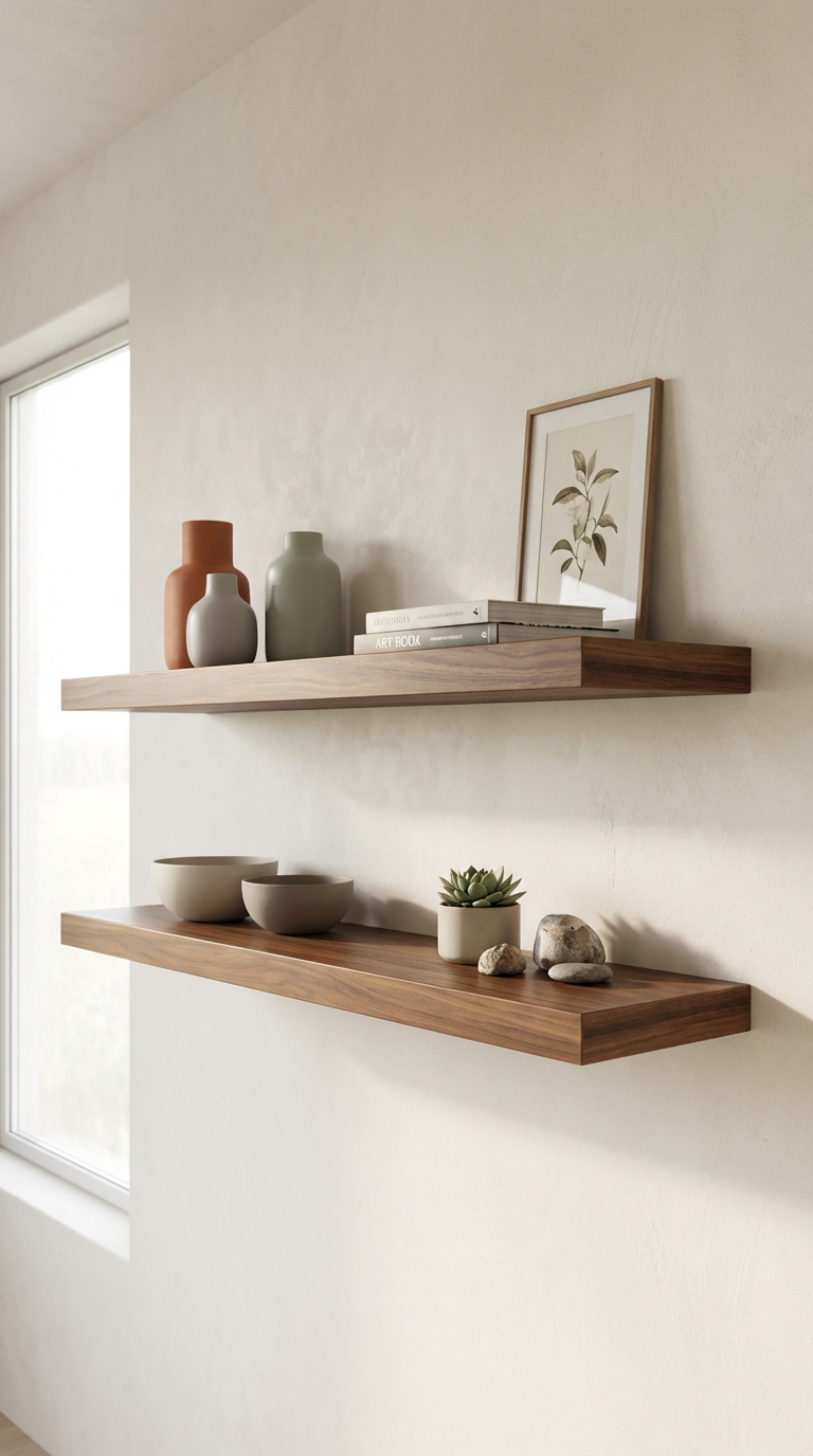 Two wooden floating shelves on a white wall, decorated with vases, books, framed botanical art, bowls, a potted succulent, and rocks.