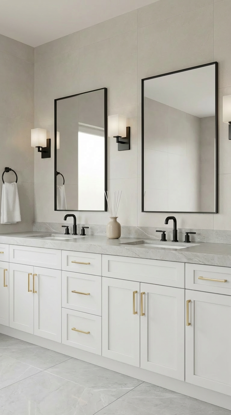 Modern bathroom with white cabinetry, dual sinks with black fixtures, large rectangular mirrors, and minimalist decor.