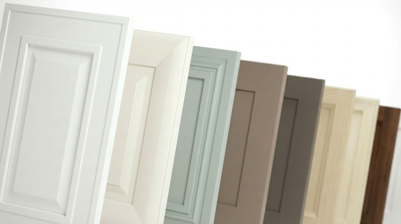 A row of cabinet doors in various colors, including white, light gray, beige, gray, cream, and dark brown, displayed side by side.