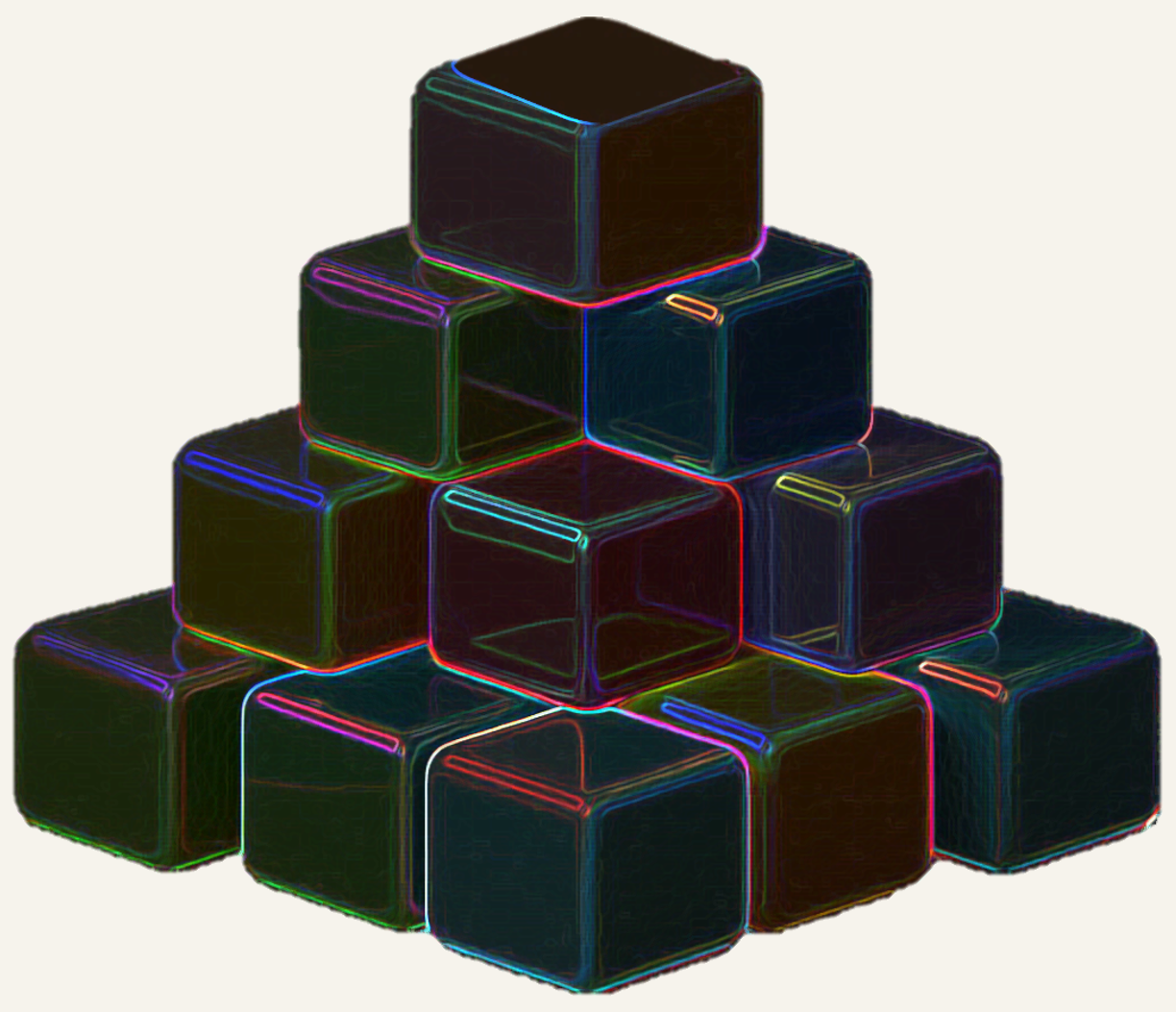 Neon-style illustration of stacked black cubes arranged in a pyramid shape.