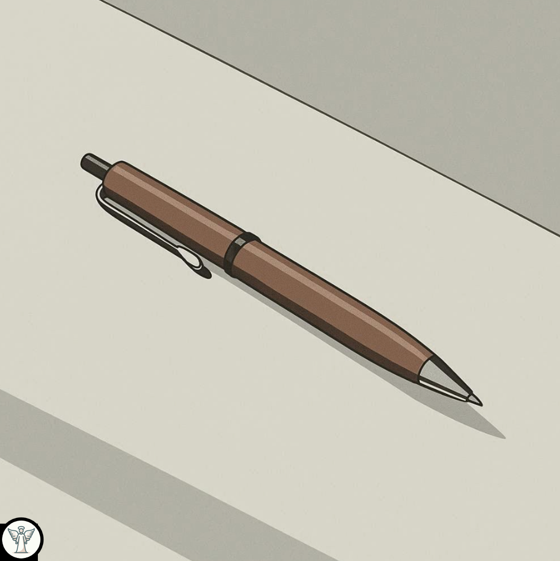 Illustration of a brown ballpoint pen resting on a sheet of paper with shadows.