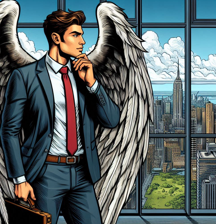 An illustrated man in a business suit with white feathered angel wings, standing in a modern high-rise building overlooking New York City's skyline and Central Park.