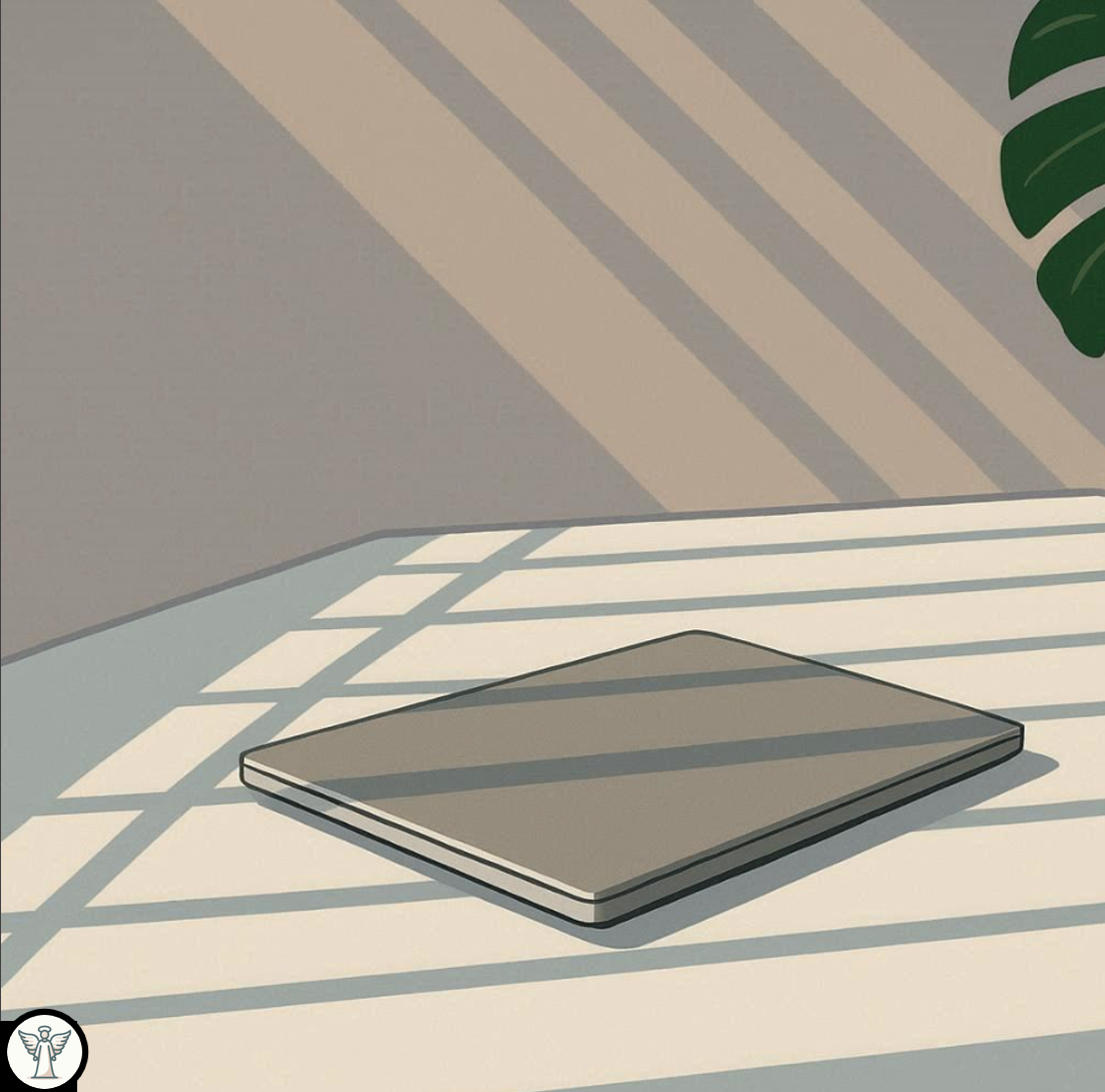 A closed laptop on a white table with sunlight streaming through blinds, casting shadows. A green leafy plant is partially visible in the upper right corner.