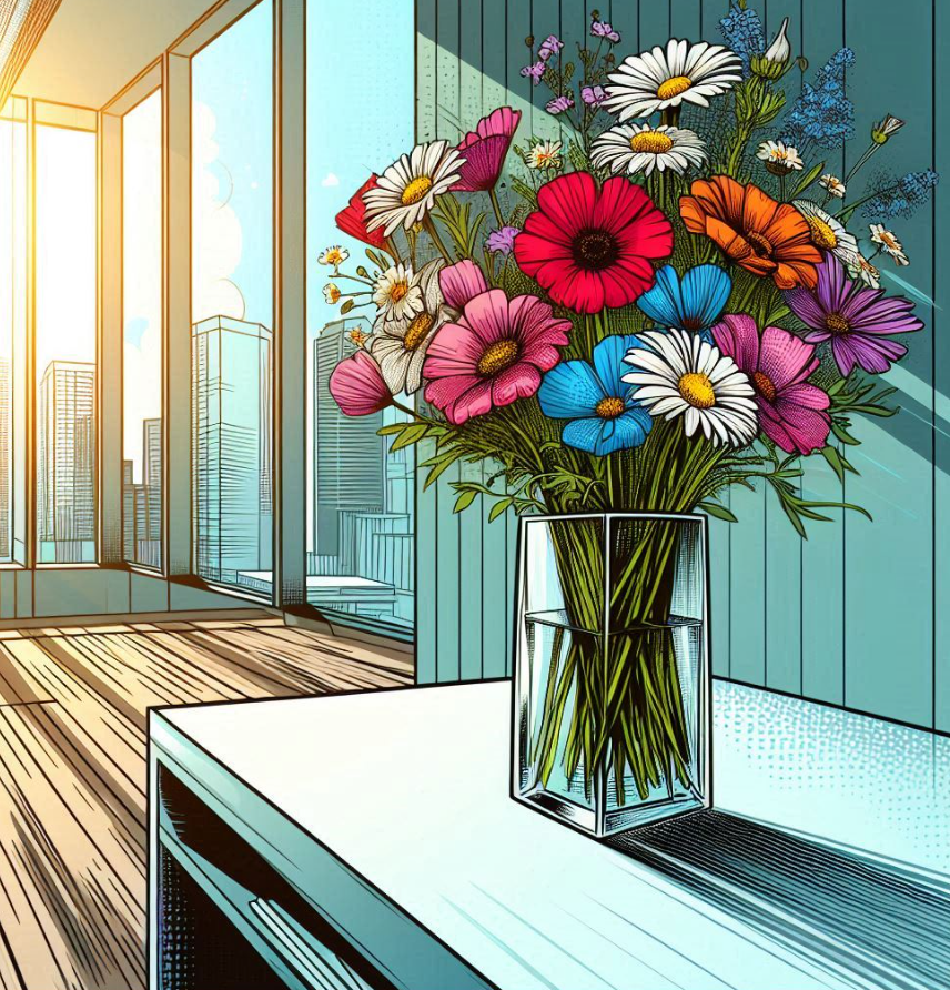 A colorful bouquet of flowers in a glass vase on a white table inside a modern high-rise apartment with large windows and a city skyline in the background.