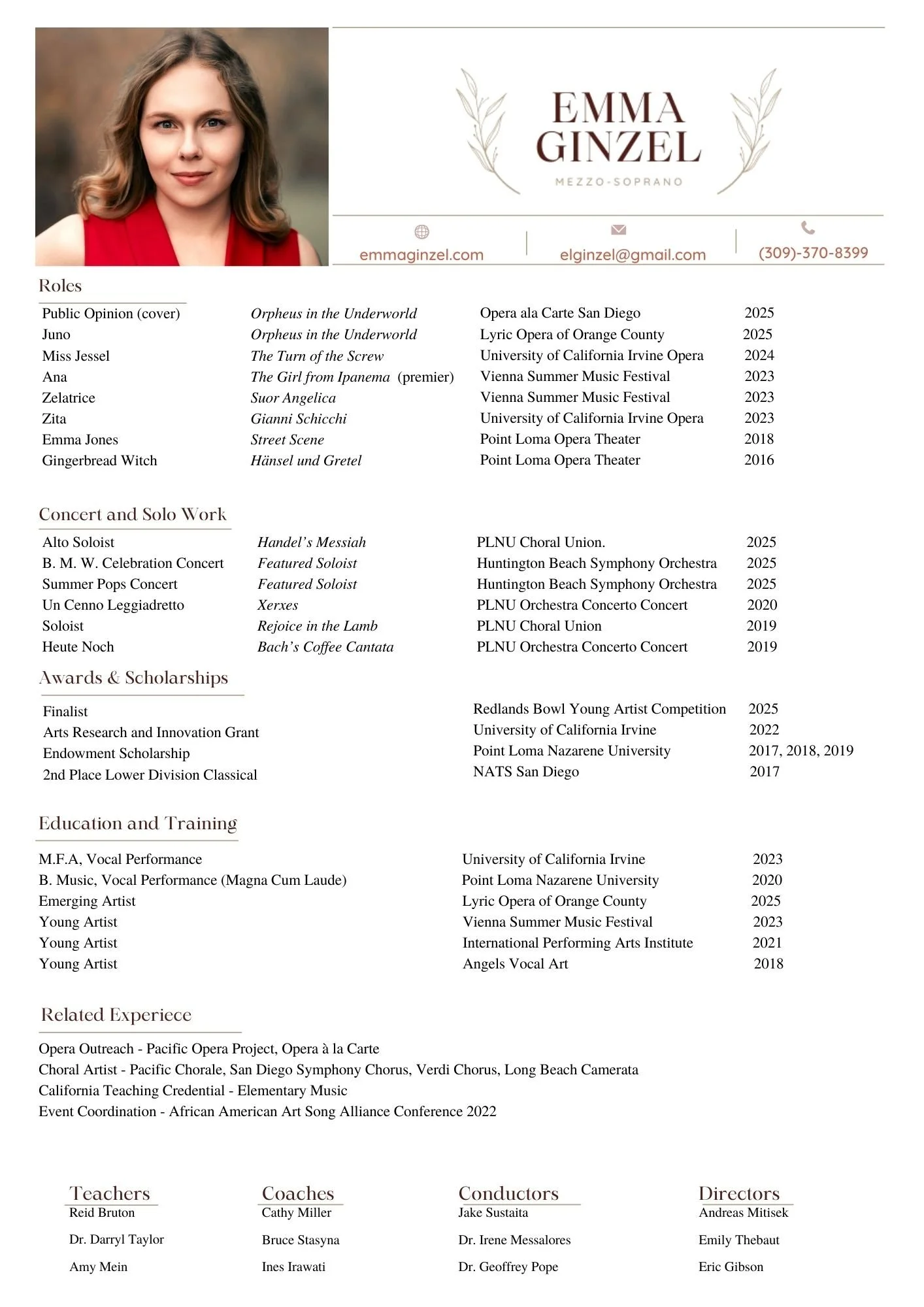 Resume of Emma Ginzel, mezzo-soprano, includes photo, contact information, roles, concert and solo work, awards, education, experience, and references.