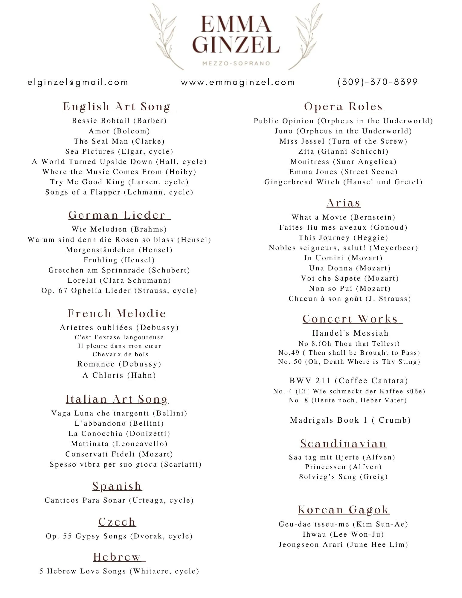 A music recital program for mezzo-soprano Emma Ginzell featuring song and opera roles, with sections including English art song, German Lieder, French melodie, Italian art song, Spanish, Czech, Hebrew, opera roles, Arias, concert works, Scandinavian, and Korean Gagok.