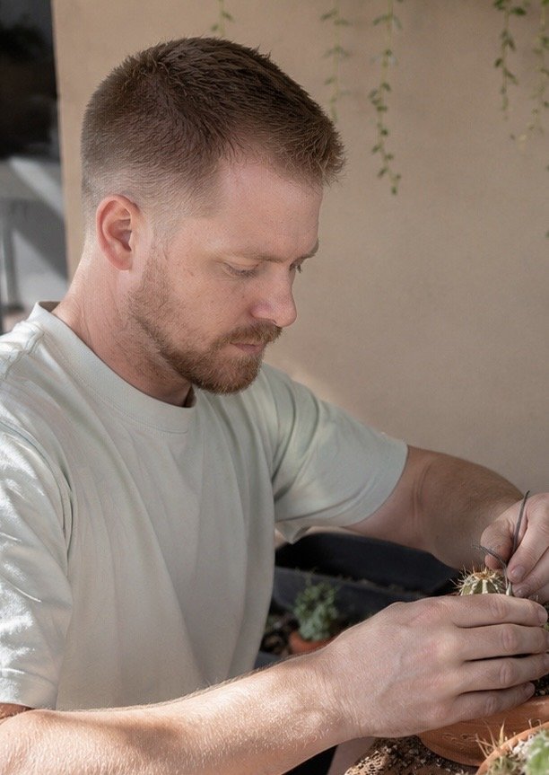 Man working on cactus and succulent arrangements