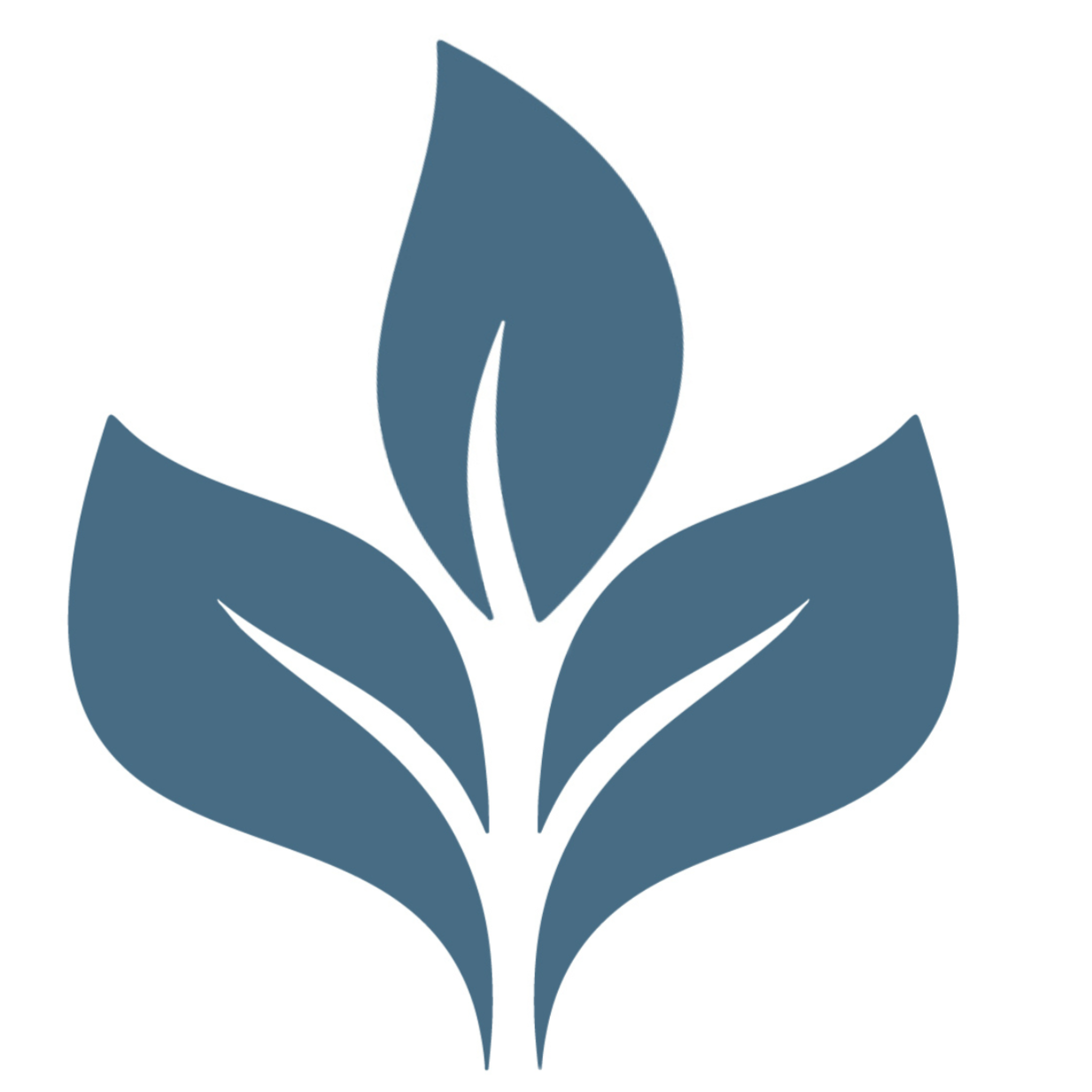 A stylized blue silhouette of a plant with three large leaves at the bottom and three smaller leaves at the top.