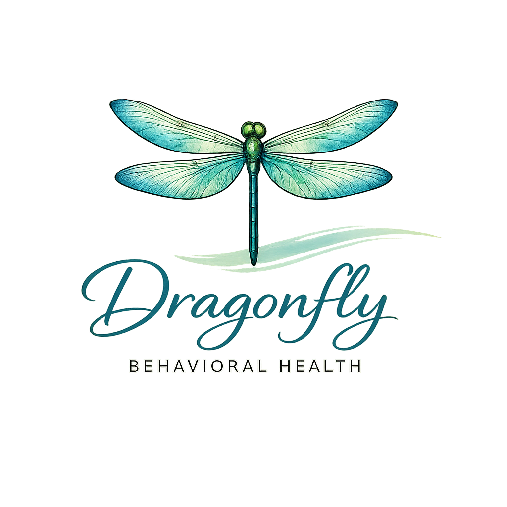 Logo of Dragonfly Behavioral Health featuring a detailed illustration of a blue dragonfly and the text "Dragonfly" in cursive with "Behavioral Health" underneath.