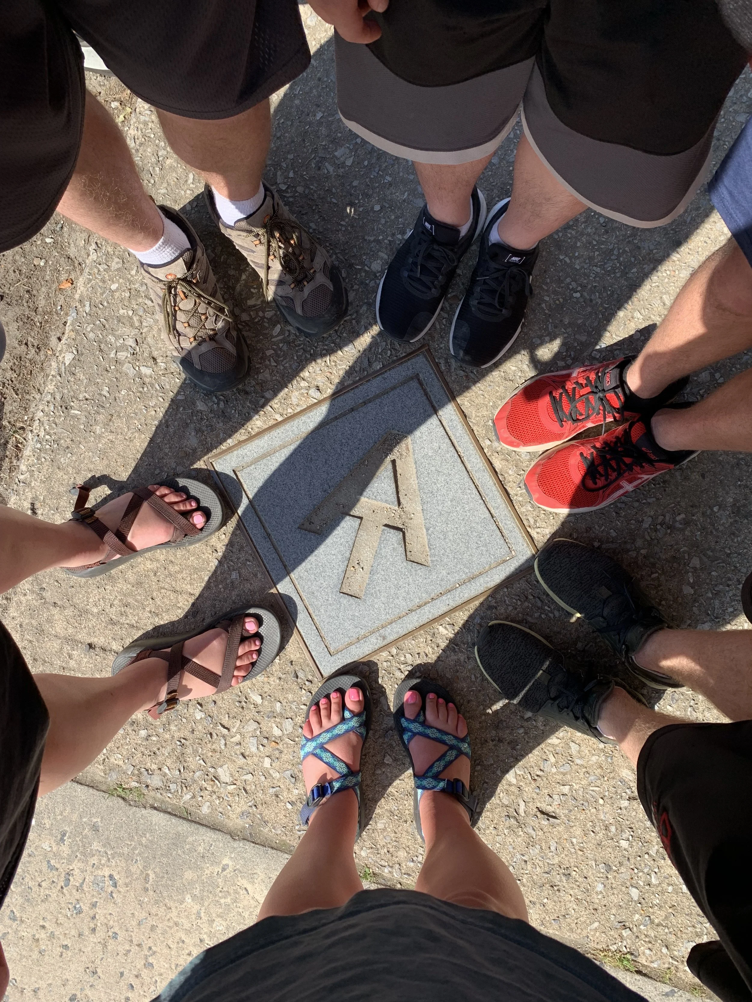 View from above of six people standing in a circle on a sidewalk, surrounding a square tile with the letter 'A' on it.