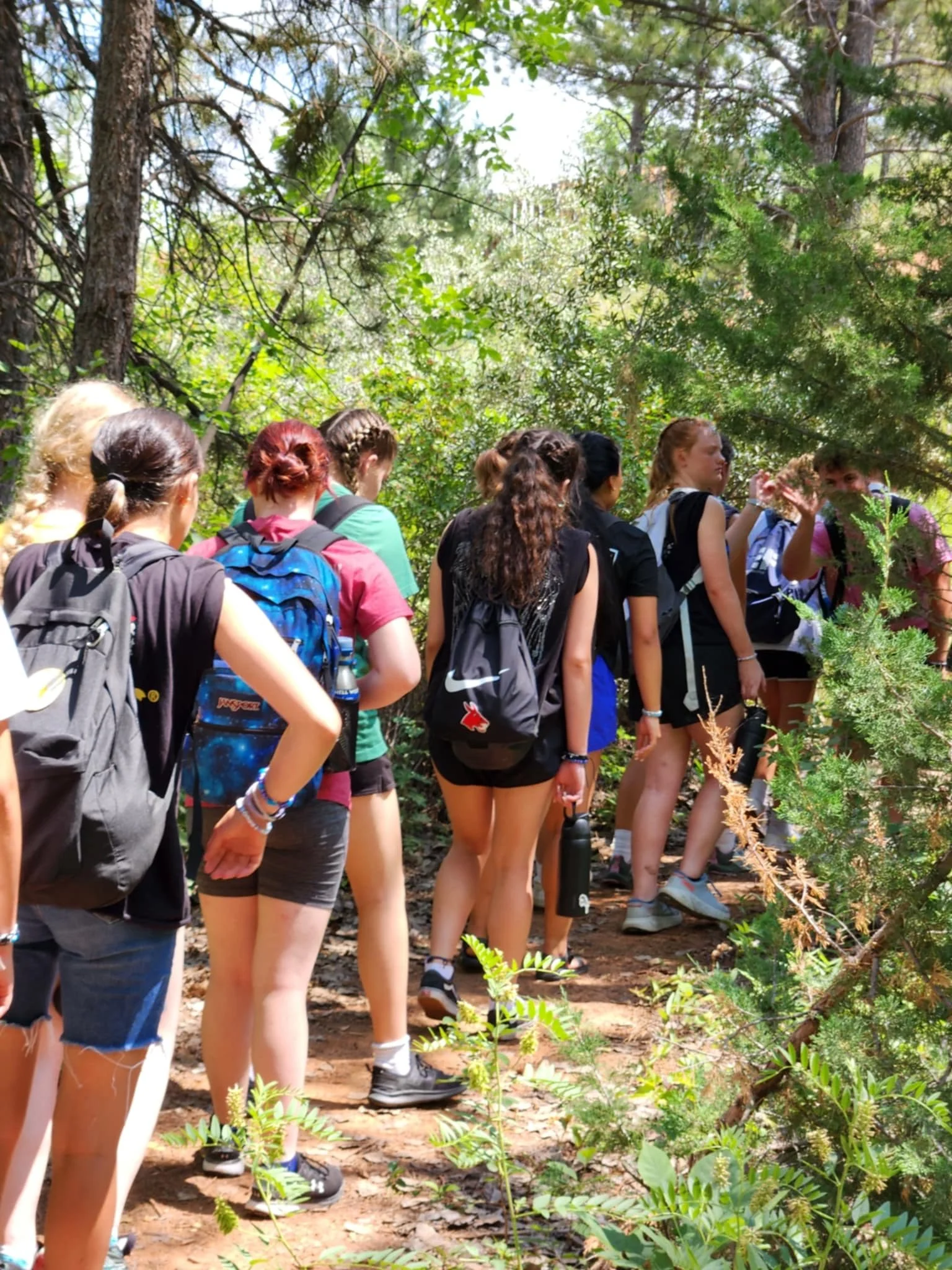A group of girls on a hiking trail in a forest, some carrying backpacks, walking together.