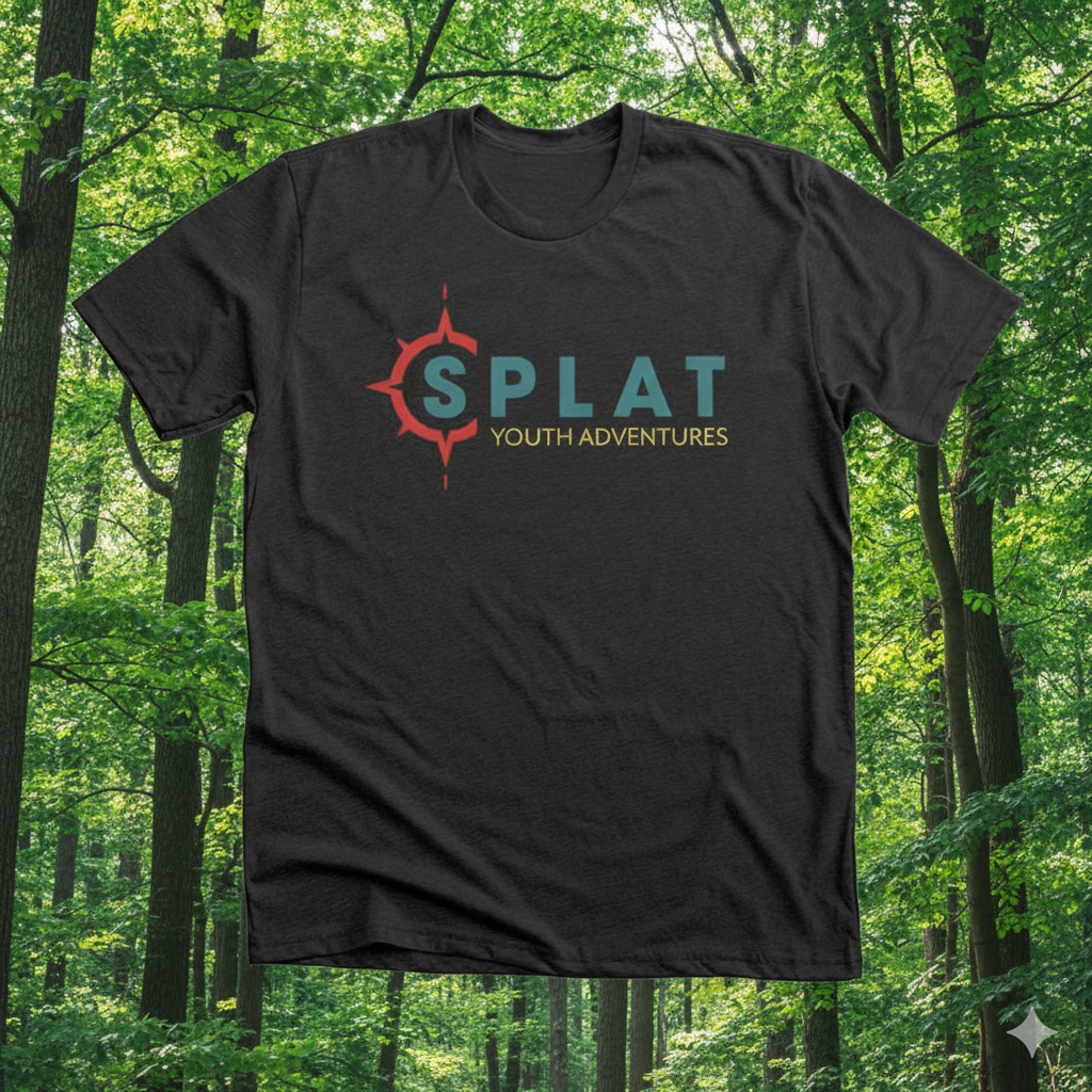 Black T-shirt with a colorful logo that says 'SPLAT' in large letters, with a compass design and the words 'YOUTH ADVENTURES' beneath, hanging in a forest with green trees and sunlight filtering through leaves.