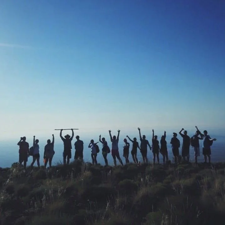 Group of people standing on a hilltop facing away with arms raised in celebration, against a clear sky and distant horizon.