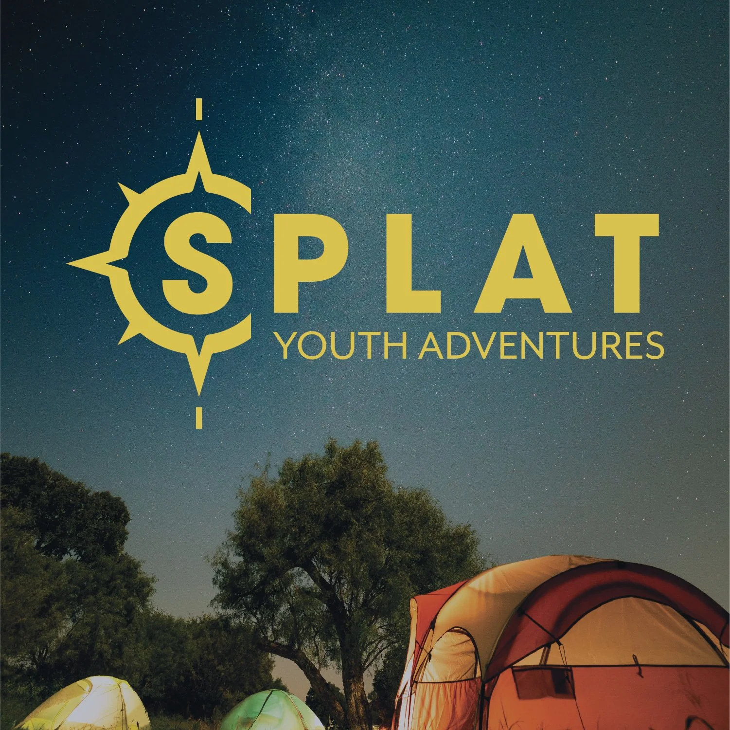 Camp tents set up outdoors at night under a star-filled sky with a logo for 'SPLAT Youth Adventures' overlayed.
