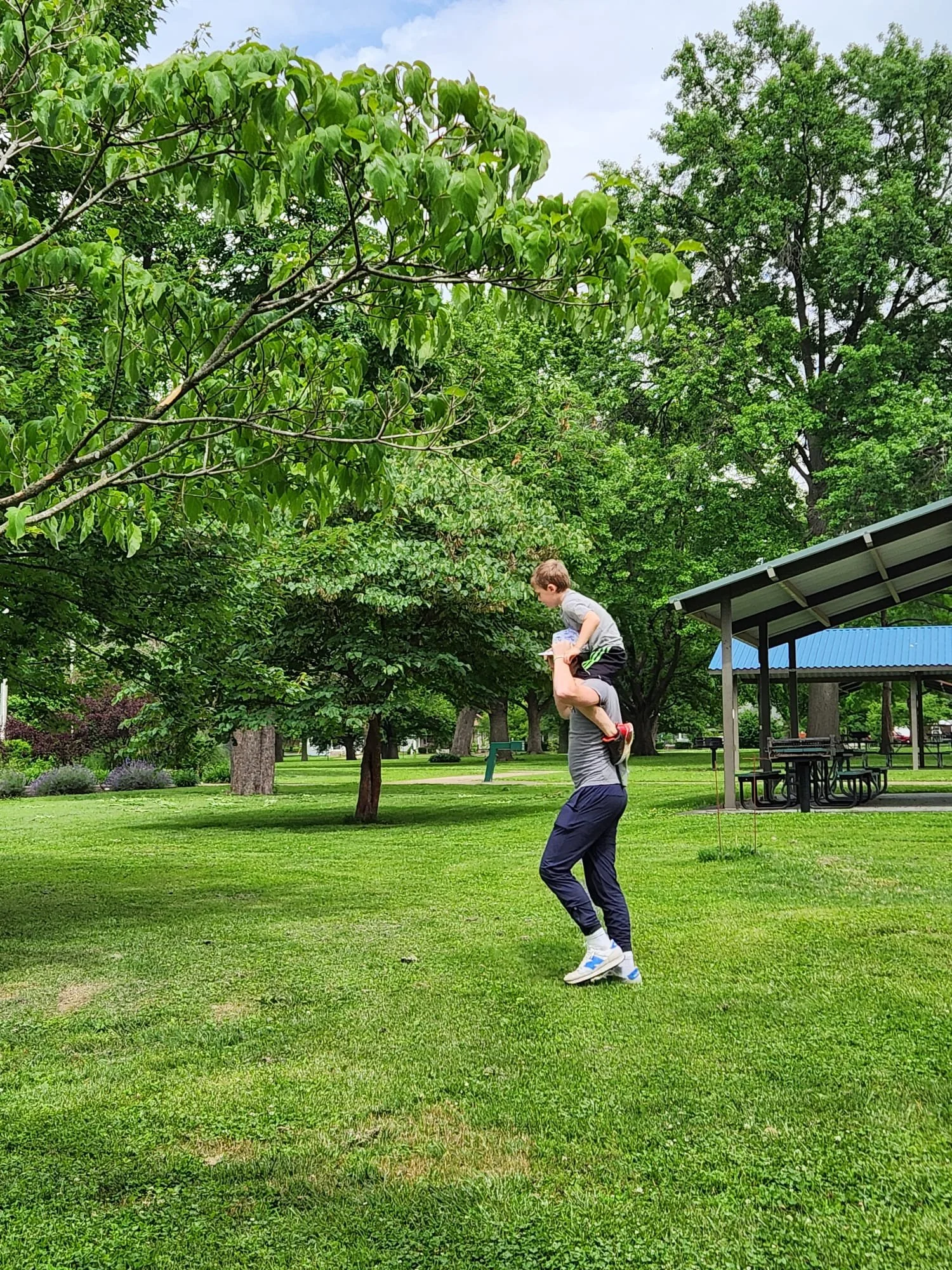 A man is giving a boy a piggyback ride in a park with green grass and trees, and a shelter with a blue roof in the background.