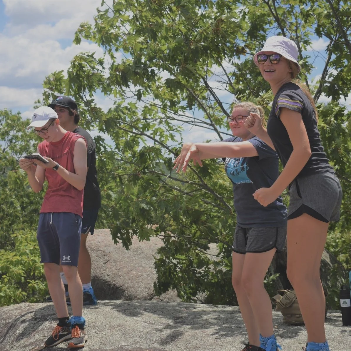 Group of four friends outdoors on a sunny day, standing on rocks among green trees, smiling and enjoying each other's company. One person is looking at a phone, while the others are engaging in conversation and laughing.