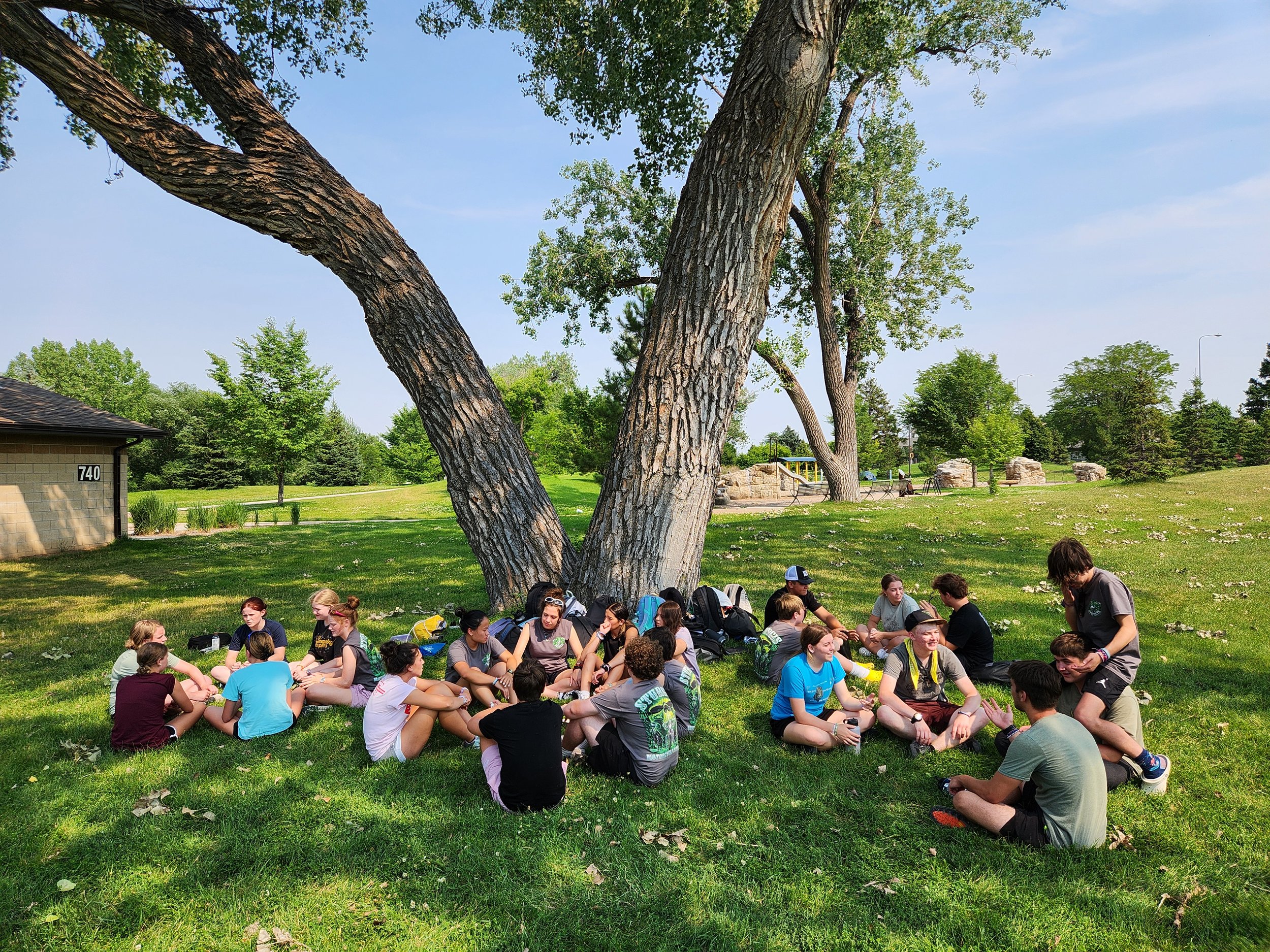 Group of children and youths sitting on grass under large tree in a park, engaged in conversation and activities, with some backpacks around, during a sunny day.