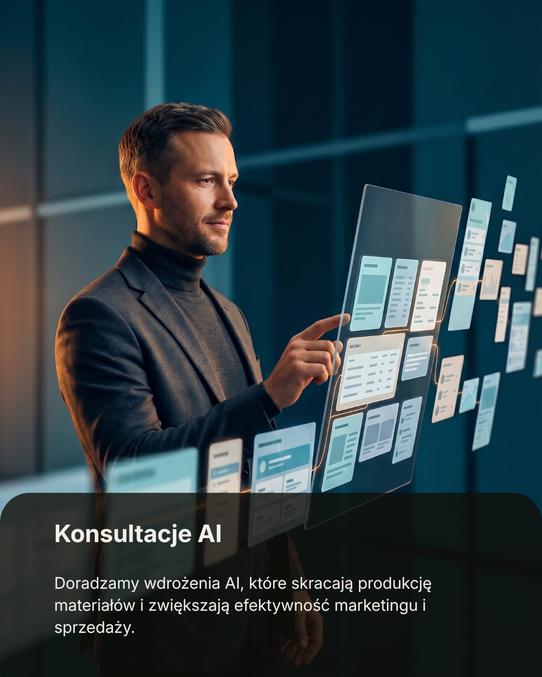 A man in a dark suit interacts with a transparent digital tablet displaying multiple app interfaces or screens in a modern office setting.