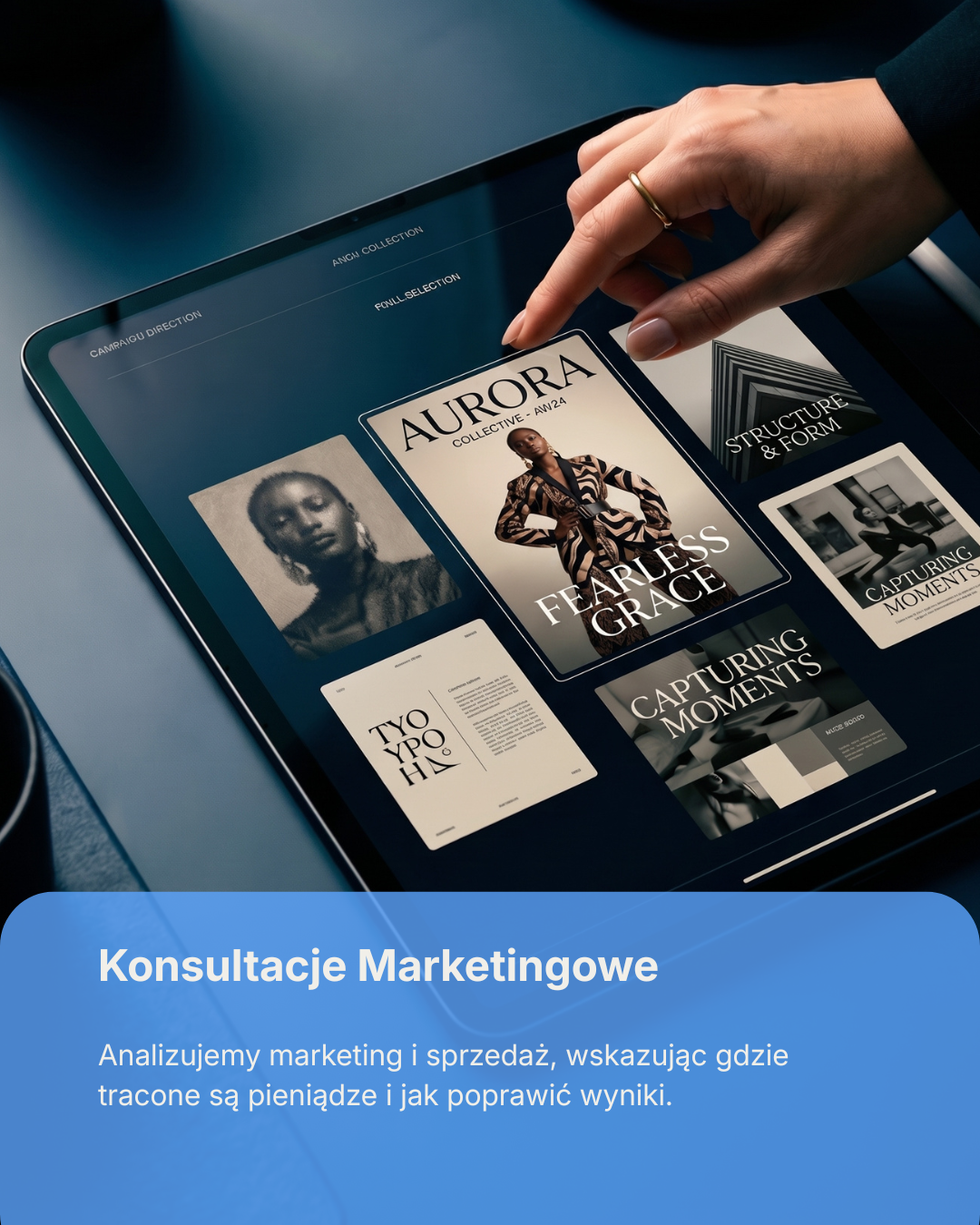 A person is browsing a digital catalog on a tablet, displaying fashion magazine covers and promotional materials, with a blue overlay and Polish text about marketing consulting.