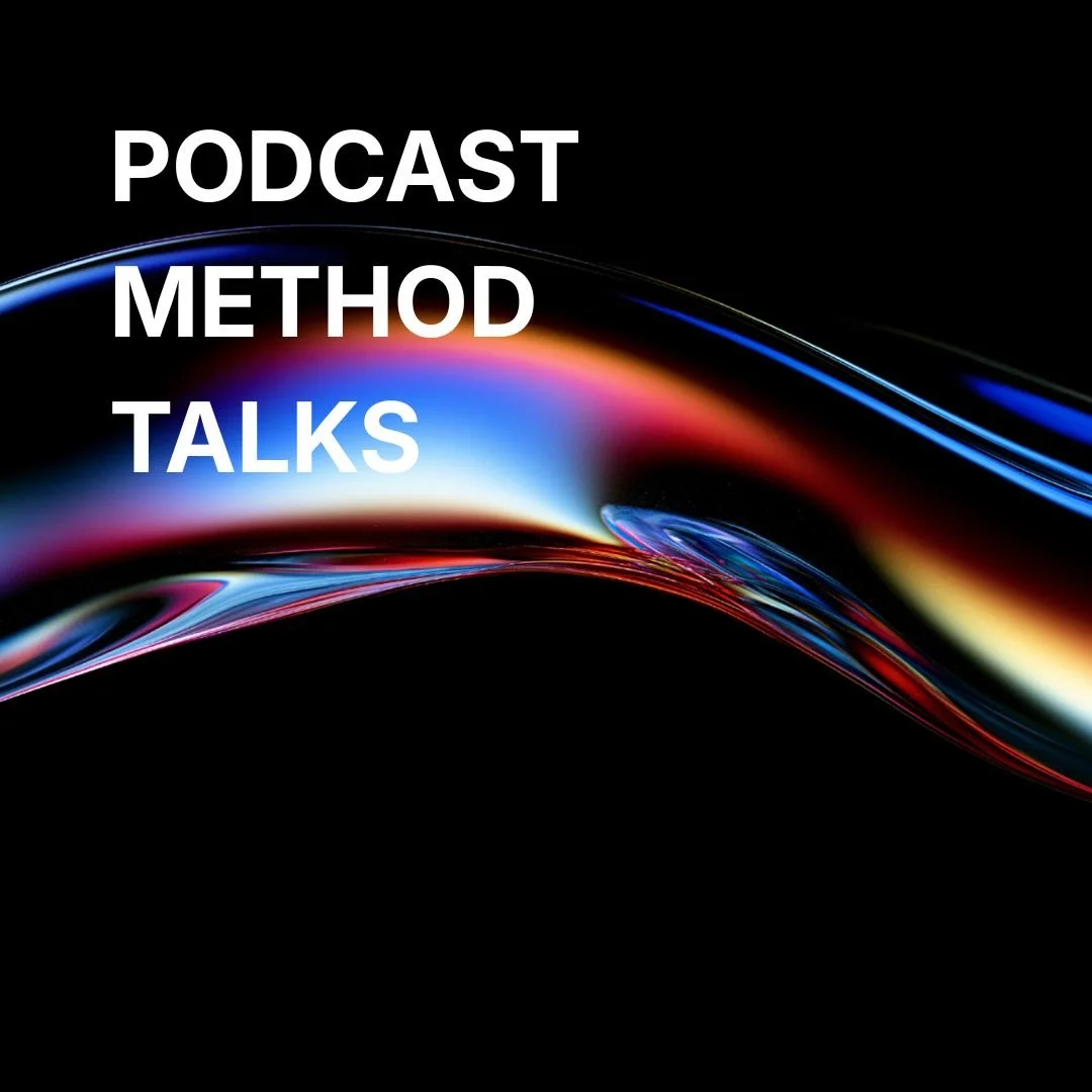 Text on a black background reading 'PODCAST METHOD TALKS' with colorful swirling abstract design.