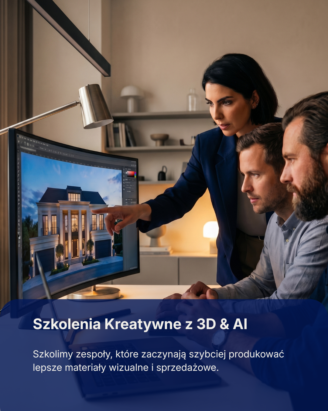 A woman and two men are working together on a computer, viewing a 3D model of a house design on a monitor in an office setting.