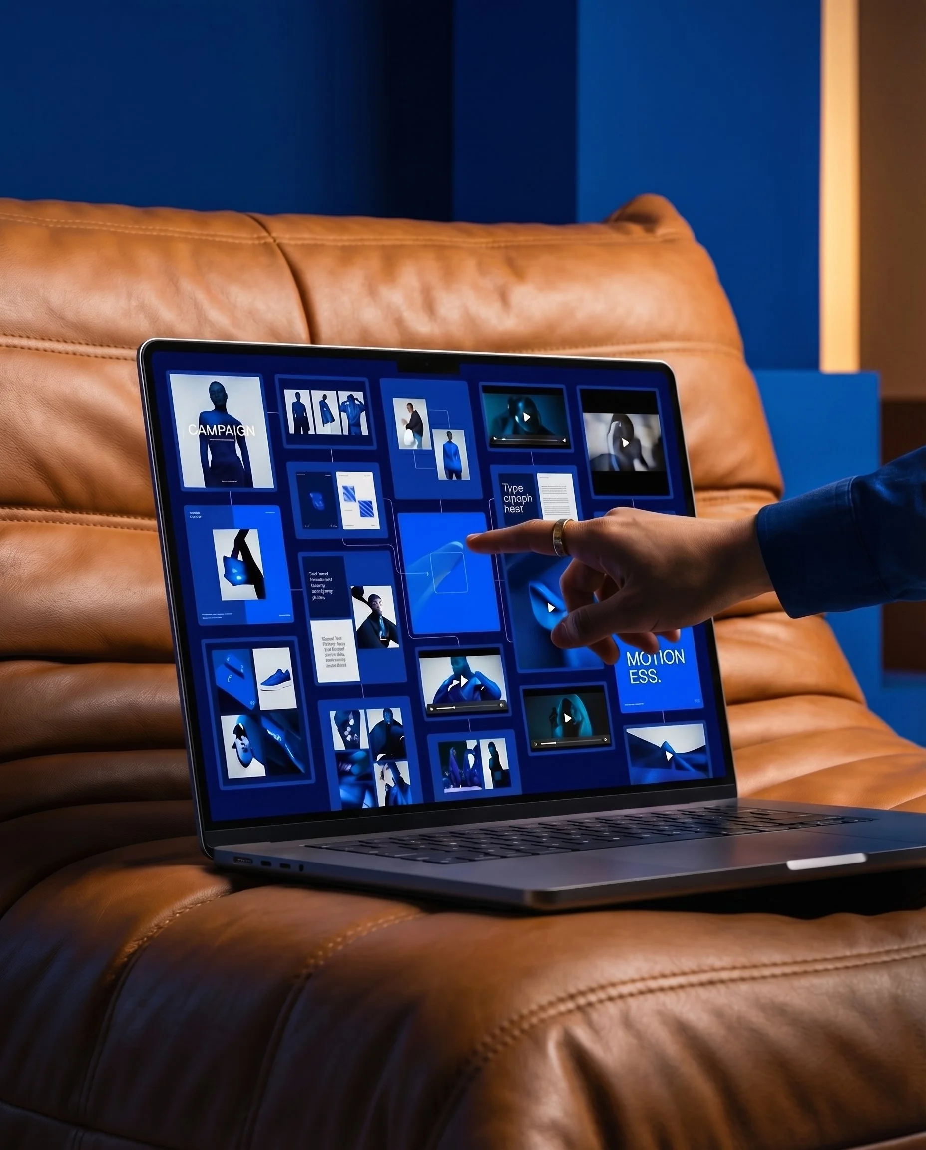 Close-up of a person using a laptop on a brown leather sofa with a blue wall in the background, the laptop screen displays a graphic design or presentation interface with images and text.