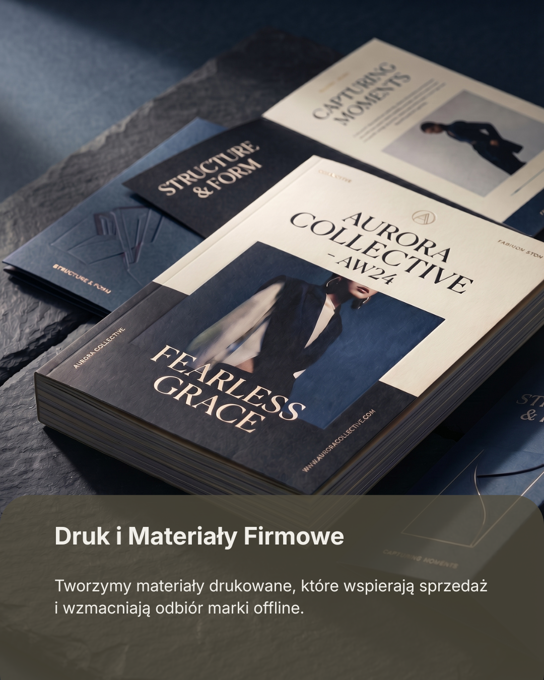 Printed marketing brochures and catalogs on a textured surface, including one titled "Aurora Collective - Fearless Grace" and another labeled "Structure & Form," promoting printed materials for branding and offline sales support.
