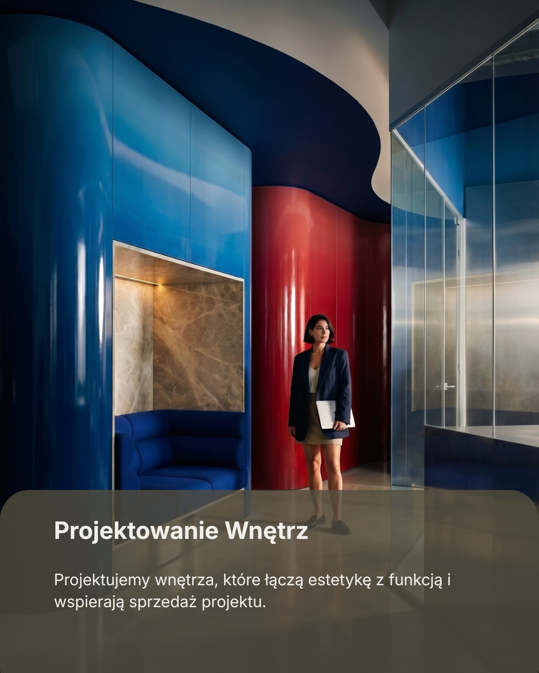 An interior space featuring modern, colorful, curved walls in blue and red, with a woman in business attire holding a folder, standing near a glass partition.