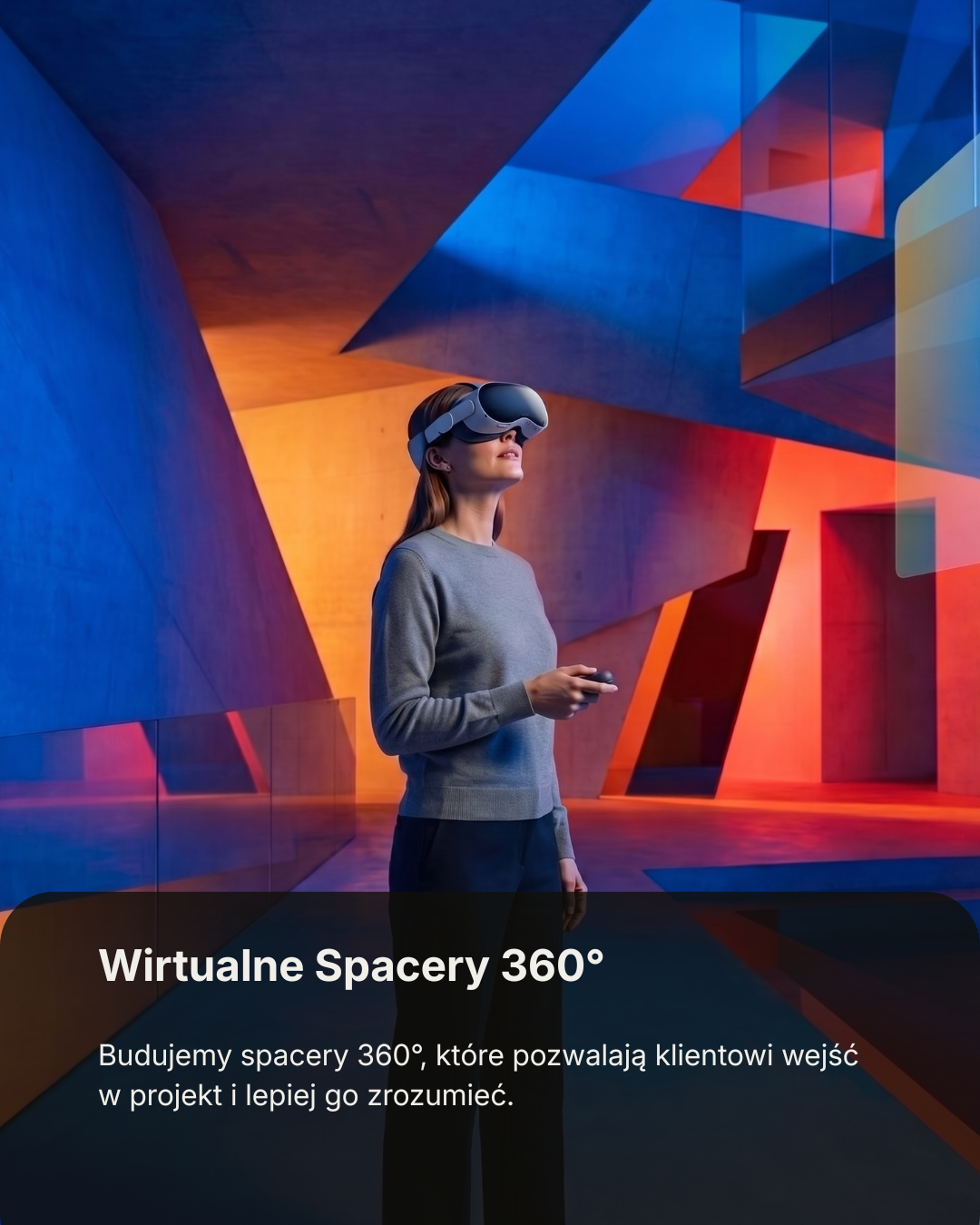 A woman wearing a virtual reality headset standing in a futuristic, colorful architectural space with vibrant blue, orange, and red geometric shapes.