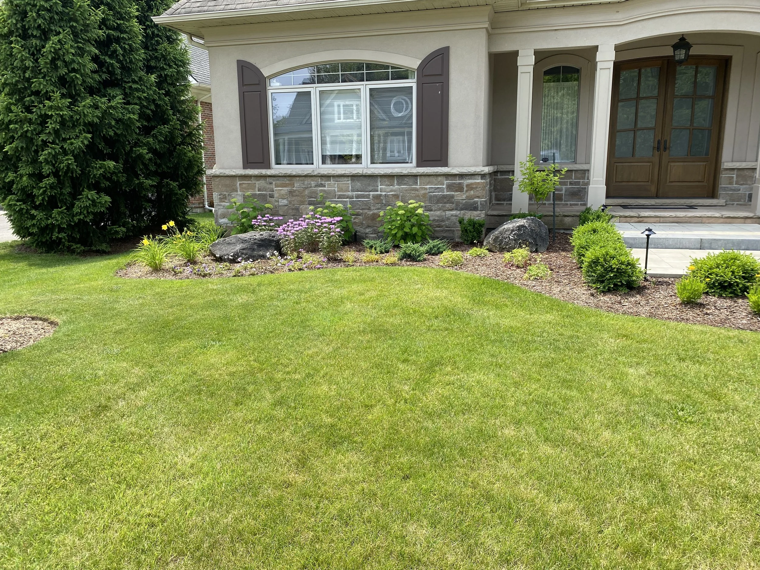 Front yard with well-maintained green lawn, flower beds with bushes and purple flowers, rocks, a large bush or tree to the left, and a house with stone and siding exterior, front steps, and large windows.